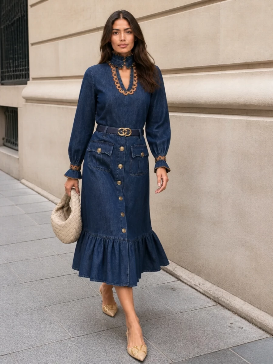 Valentino denim skirt outfit ruffled blouse
