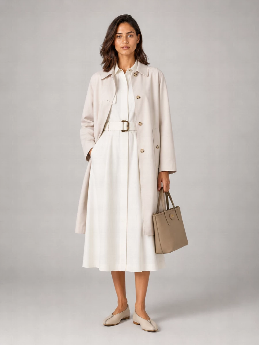 I’m styling the coat with a dress rather than separates so the trench references read as one continuous, elongated line instead of competing hardware and seams. The ivory shirt dress and stone coat create a tonal, column effect, with the flat and structured tote keeping it precise but relaxed enough for full days in the city. It is a quietly strong Burberry moment that feels polished without relying on overt check patterning.
