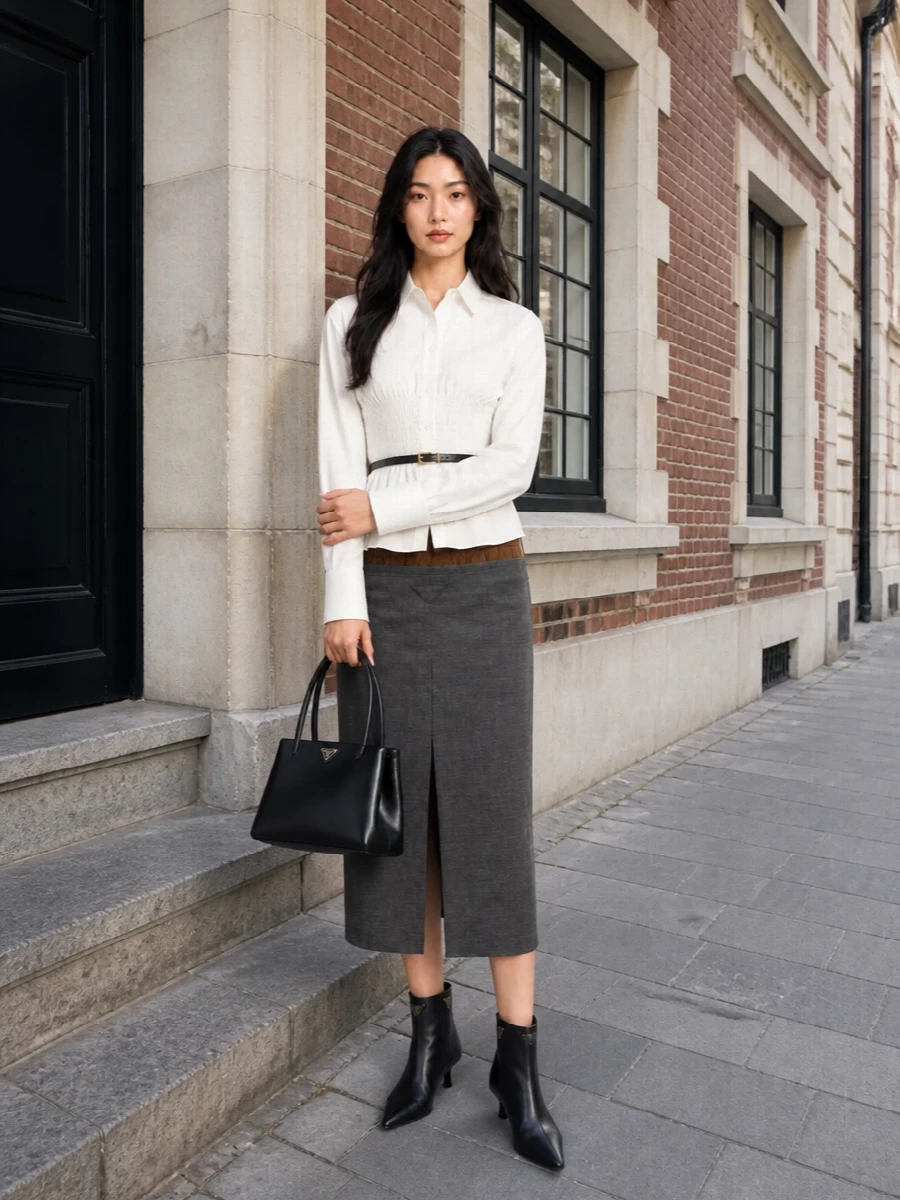 Prada charcoal midi skirt smocked shirt outfit