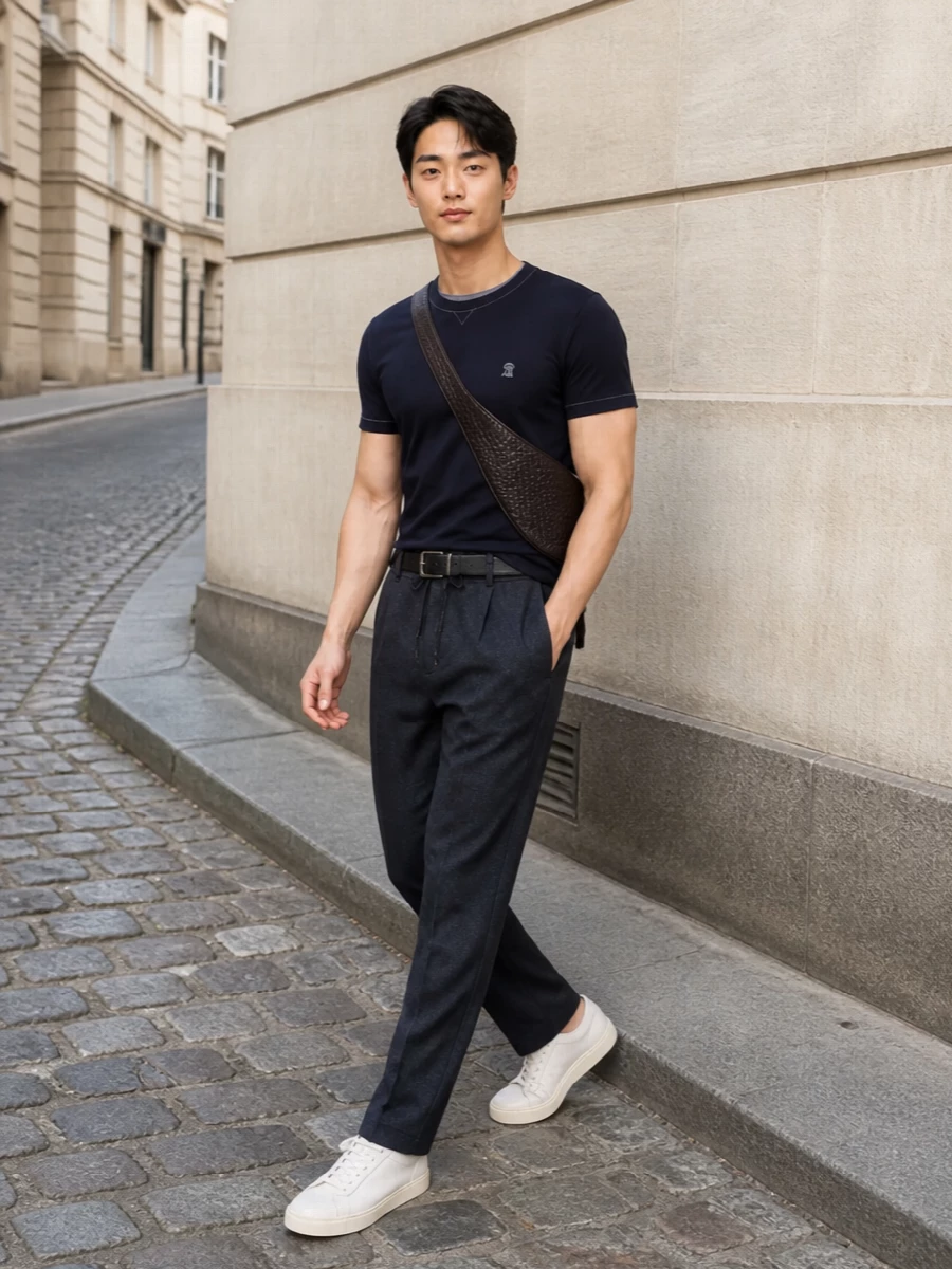 This look takes the refined navy Brunello tee into a smarter register with charcoal‑navy tailored drawstring trousers, keeping the line clean and relaxed while still feeling intentional. Off‑white minimalist sneakers bring a soft contrast and modern ease, while the dark‑chocolate intrecciato sling and understated black belt add quiet texture and structure without breaking the minimalist mood. The result is an elevated off‑duty uniform that moves effortlessly from city errands to casual dinners in true quiet‑luxury style.