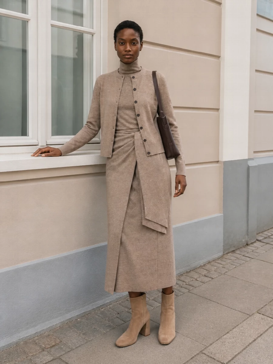 I chose the dress path so the knit jacket can act as a soft blazer over a clean column, rather than competing with another cardigan and trouser waistband. The taupe wrap dress and camel jacket stay firmly in the Max Mara quiet-luxury register, while camel suede boots and a chocolate bag deepen the palette and keep the line long and composed for cool city days. The result is a tonal knit uniform that feels precise but still soft enough for long hours and late dinners.