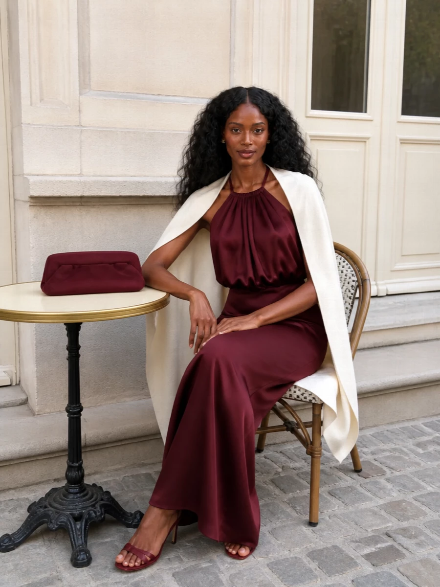 Rotate burgundy gown ferragamo heels