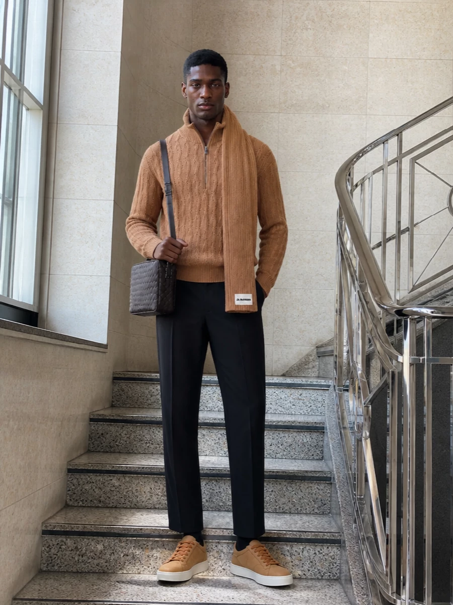 Etro camel half zip navy trousers suede sneakers
