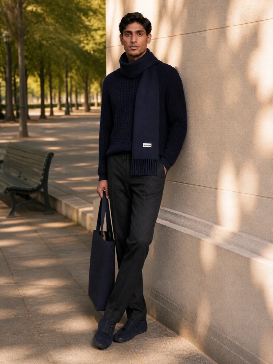 A deep navy story runs through this outfit, grounded by the chunky Barena knit and anchored with precise charcoal Dries Van Noten trousers for a calm, smart-casual winter feel. Inky Brunello Cucinelli suede sneakers keep the mood understated yet polished, while the structured Valentino tote and a lean navy scarf add just enough detail without disturbing the clean lines.