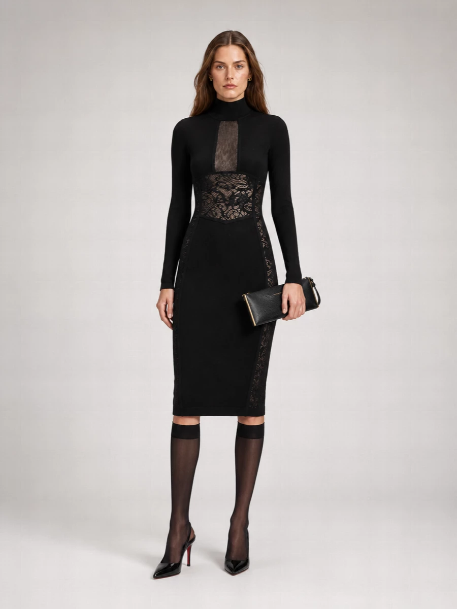 Elisabetta Franchi Ribbed Turtleneck Lace-Panel Midi Dress