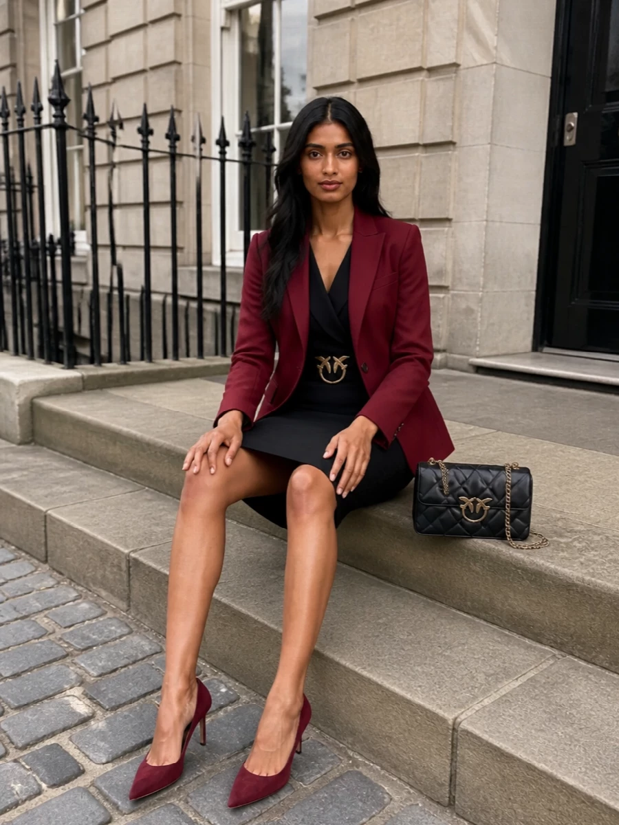 Pinko wine blazer black sheath dress outfit