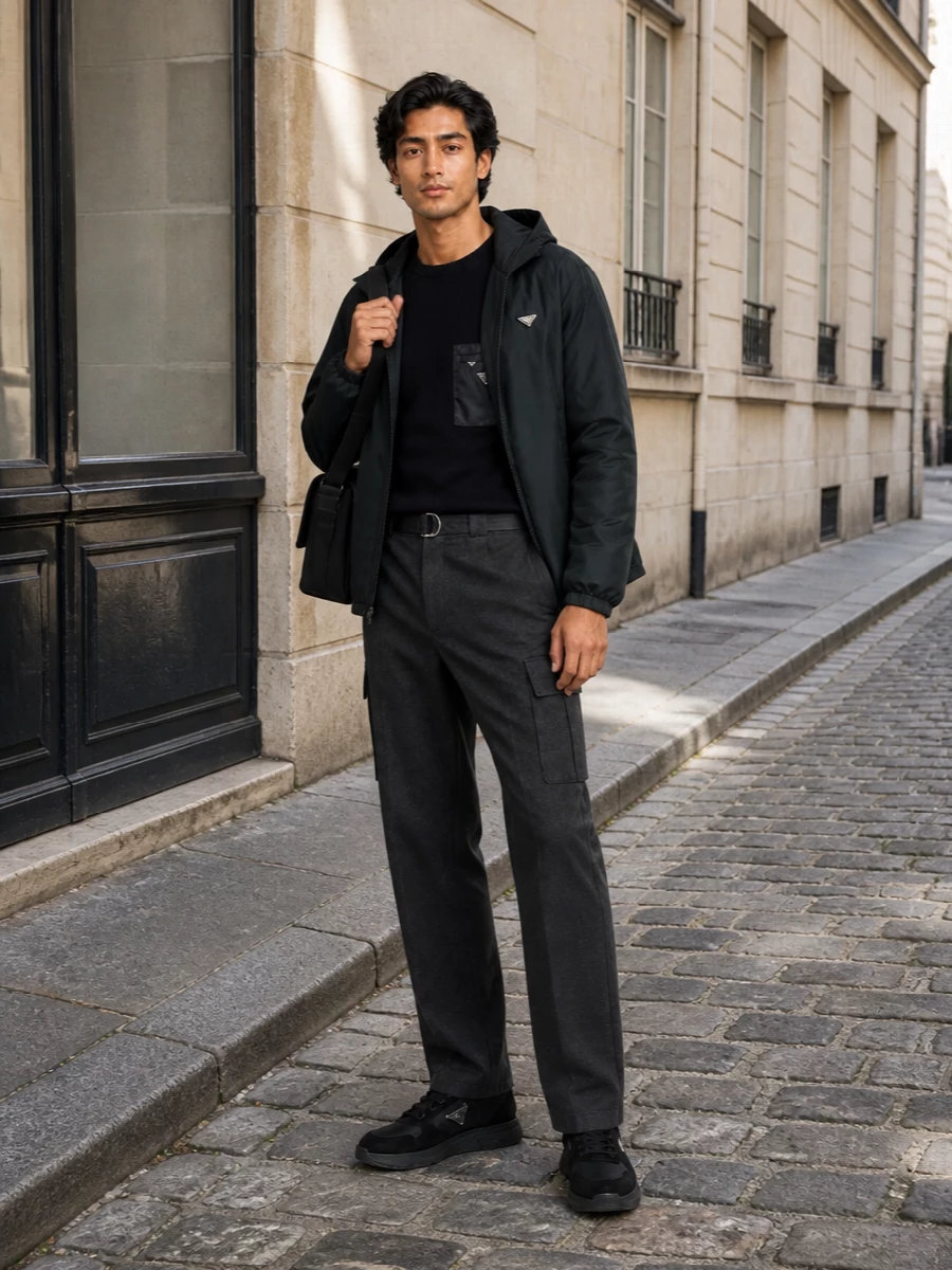 Prada mens nylon jacket cargo trousers outfit