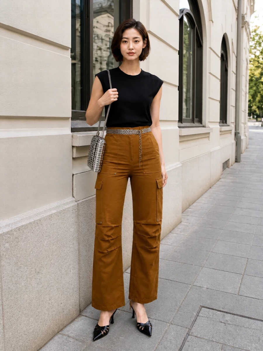 Paco rabanne tee cargo pants heels outfit