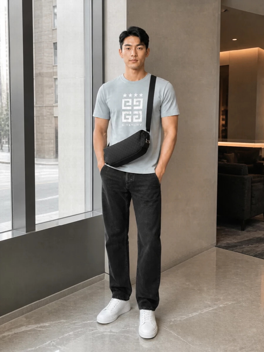 Givenchy ice blue logo tee black jeans outfit