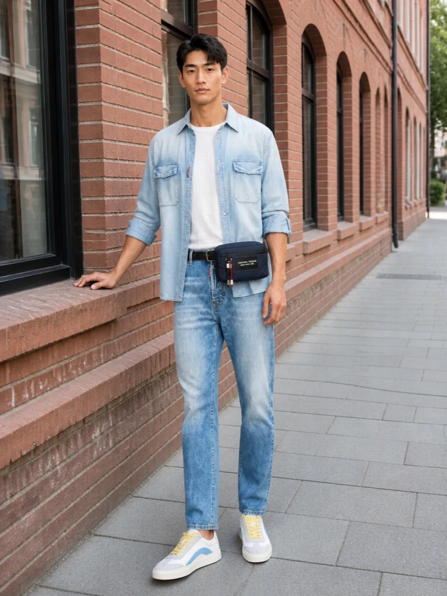 Dsquared2 double denim outfit retro sneakers