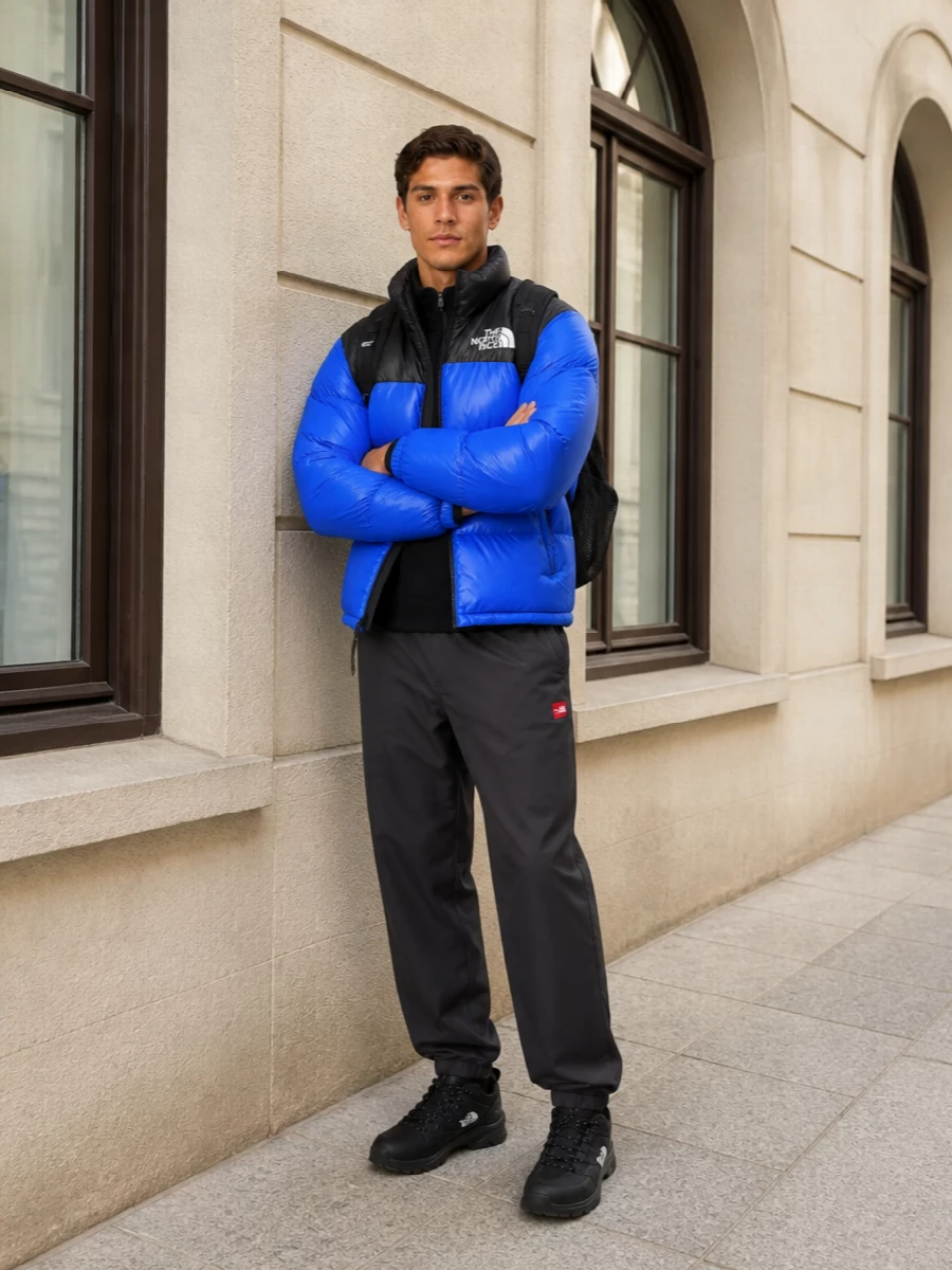 North face blue puffer black track pants outfit