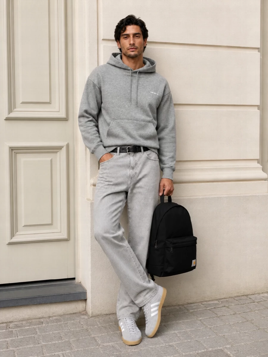 Carhartt grey jeans hoodie adidas gazelle outfit