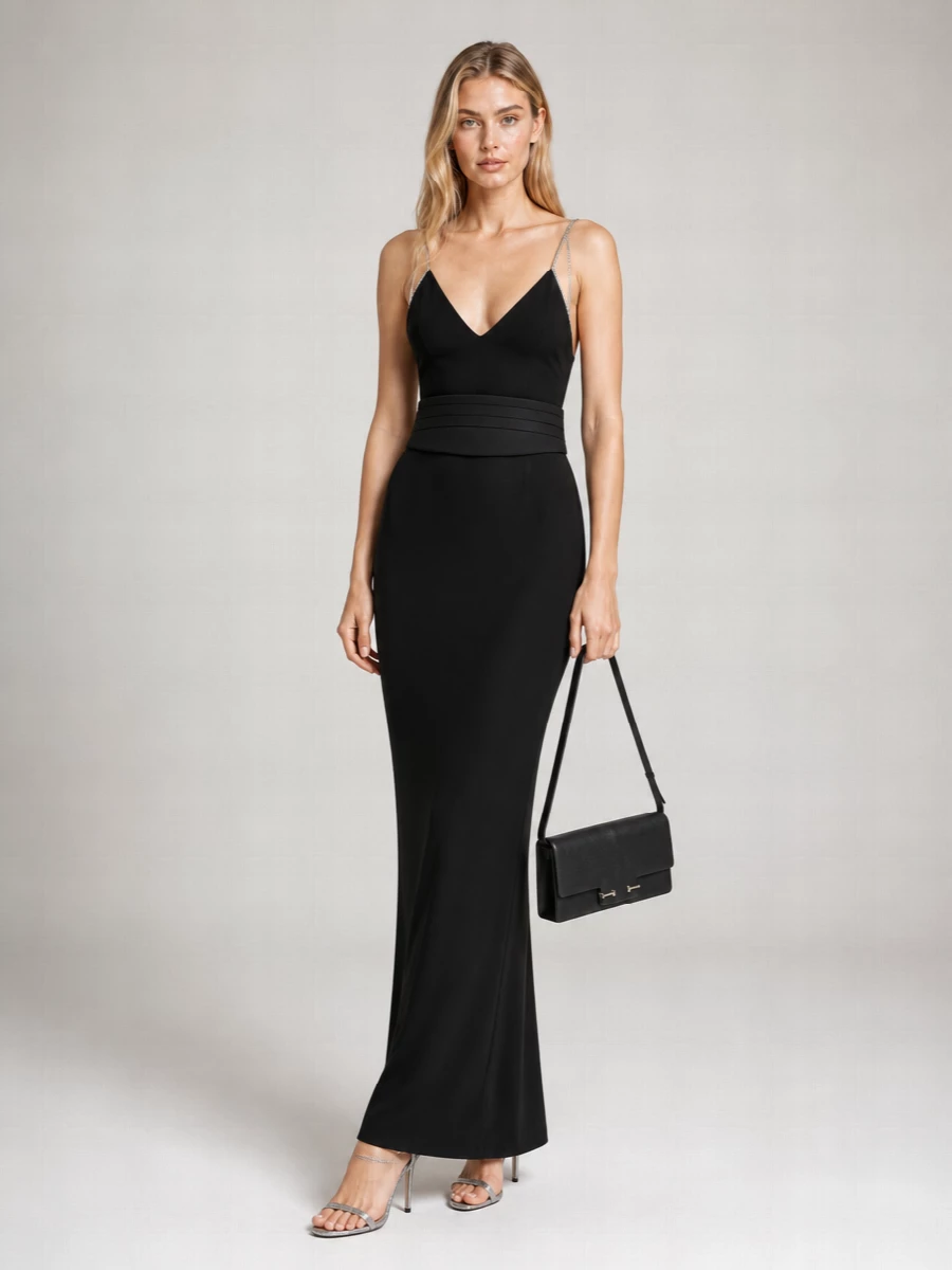 Tom Ford Crystal-Embellished Sleeveless V-Neck Satin Evening Gown