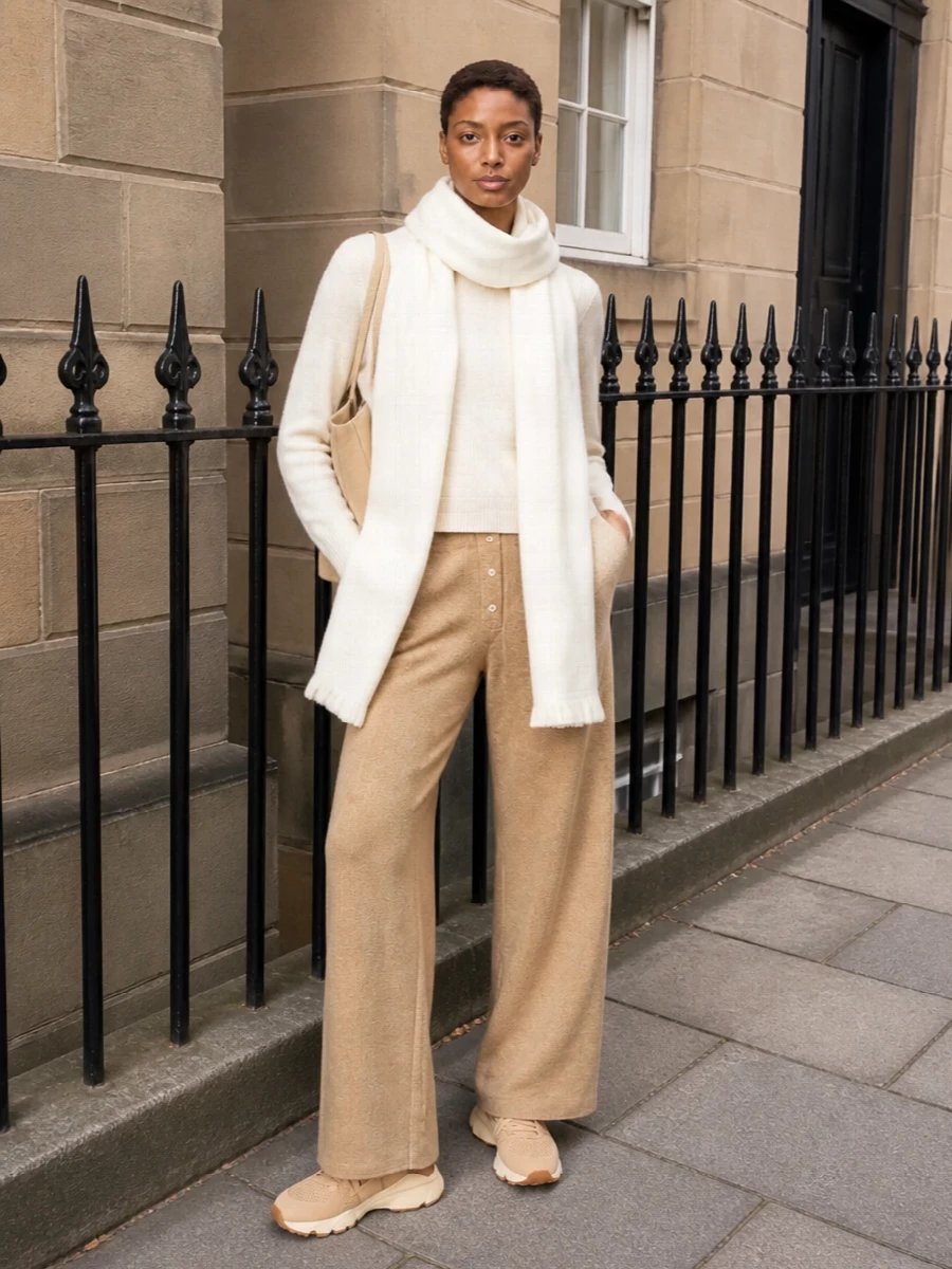Guest in residence ivory sweater camel knit pants