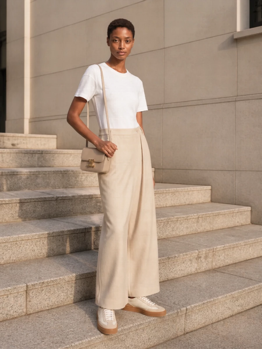 Brunello tee wide leg trousers celine bag outfit