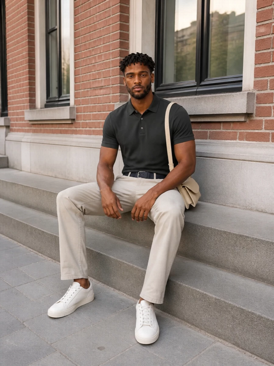 Charcoal on top and stone beneath creates a calm, precise palette that feels at home in the city or on a terrace. The straight-leg trouser and clean sneaker keep the silhouette sharp but relaxed, with just enough structure from the belt and bag to feel considered without trying too hard. It is a quiet, modern uniform for warm days when you still want to look put together.
