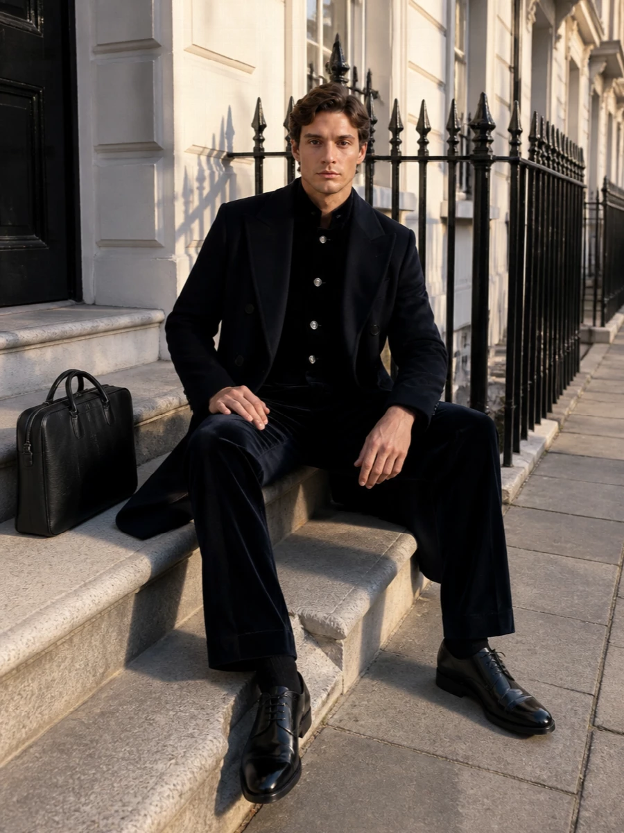Armani velvet dinner jacket navy overcoat outfit