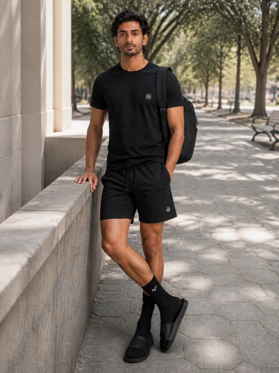 A monochrome Stone Island set that feels sharp and unfussy, built around technical swim shorts and a clean logo tee. Black slides keep it easy and resort-ready, while the backpack and socks quietly reinforce the urban, sport-driven mood.