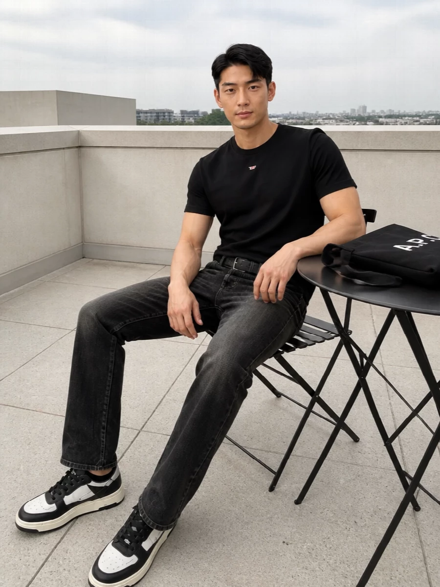 A black-on-black base keeps this outfit sharp and unfussy, with washed straight-leg denim giving just enough texture under the clean logo tee. Graphic black-and-white sneakers echo the minimal branding, while a soft A.P.C. tote and simple belt keep the mood quietly street and ready for daily wear. It is a calm, considered uniform that still feels plugged into Diesel’s graphic energy.