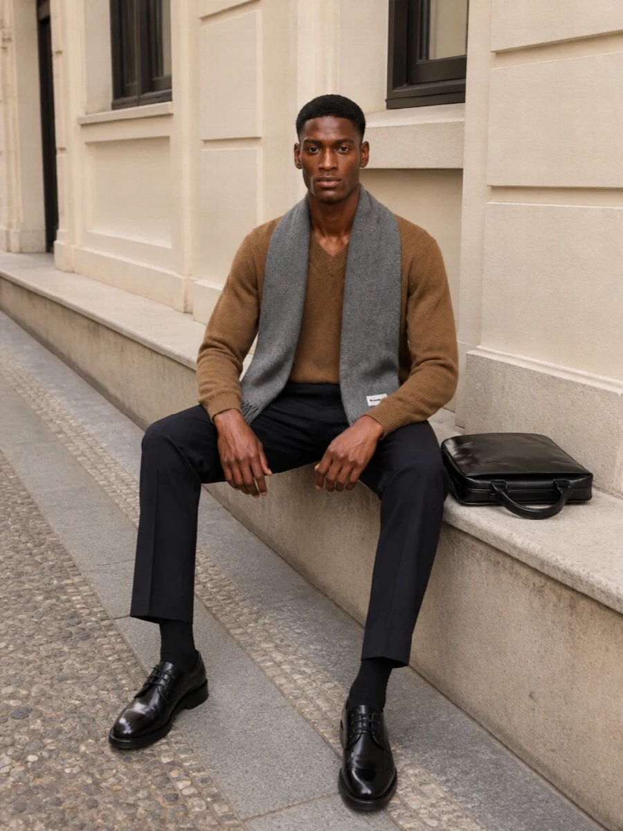 Jil sander camel sweater navy trousers outfit