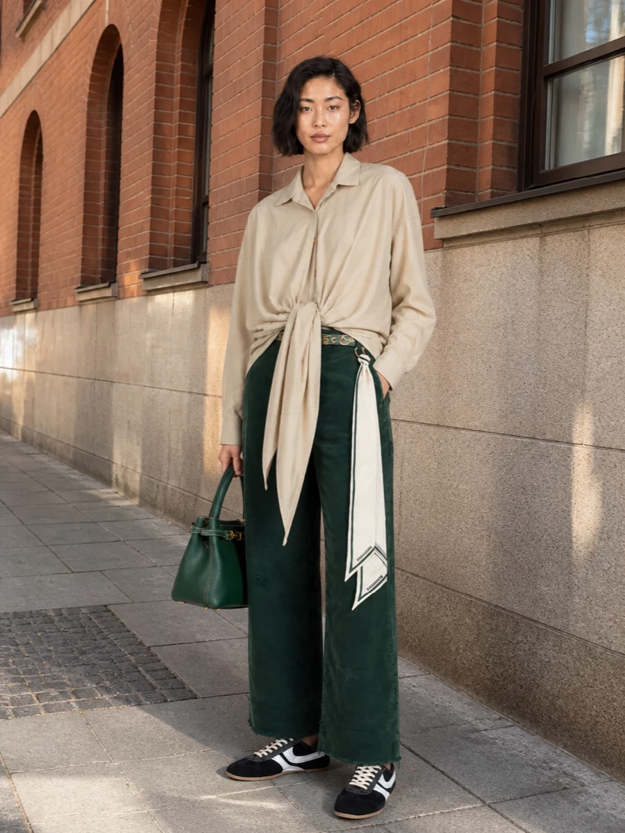 Darkpark wide leg trousers beige tie shirt outfit