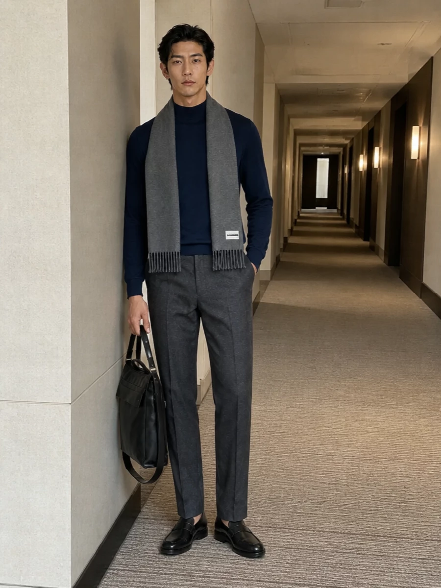 Jil sander navy mock neck charcoal wool trousers