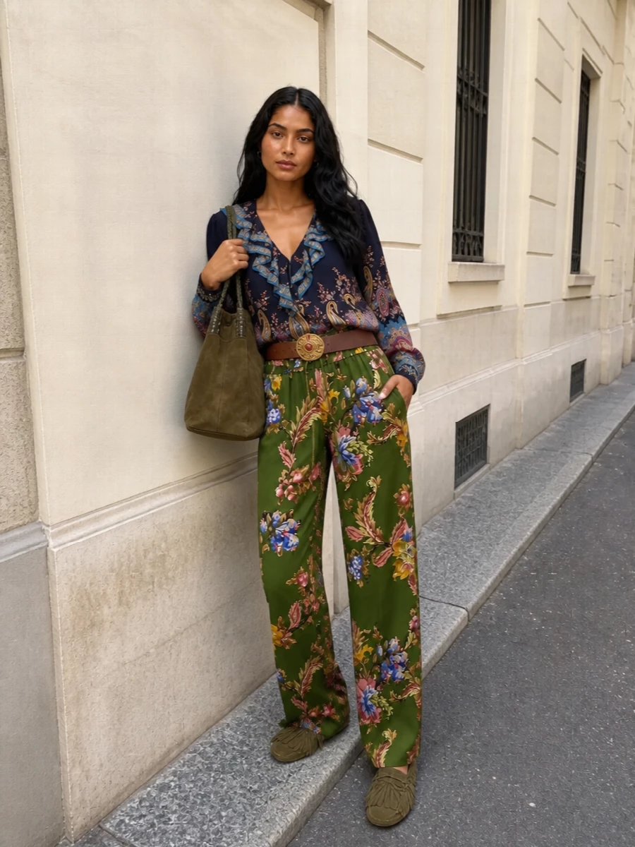 Etro floral pants paisley silk blouse outfit