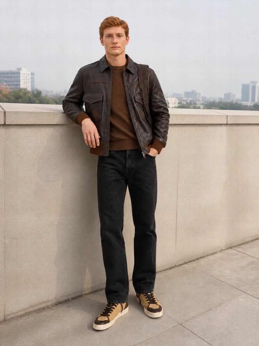 Golden goose bomber brown knit black jeans sneakers