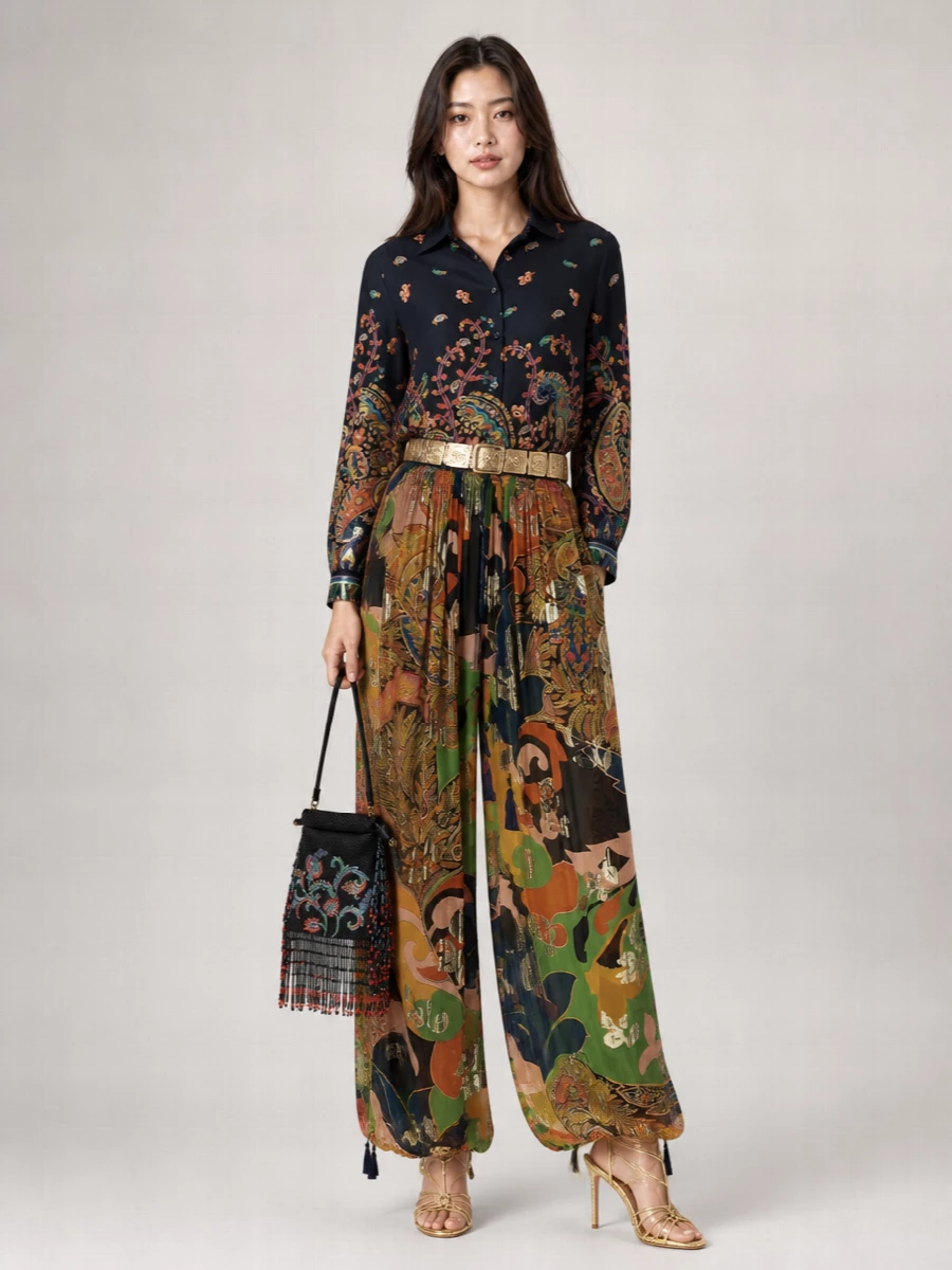 Etro Silk Paisley-Print Wide-Leg Trousers