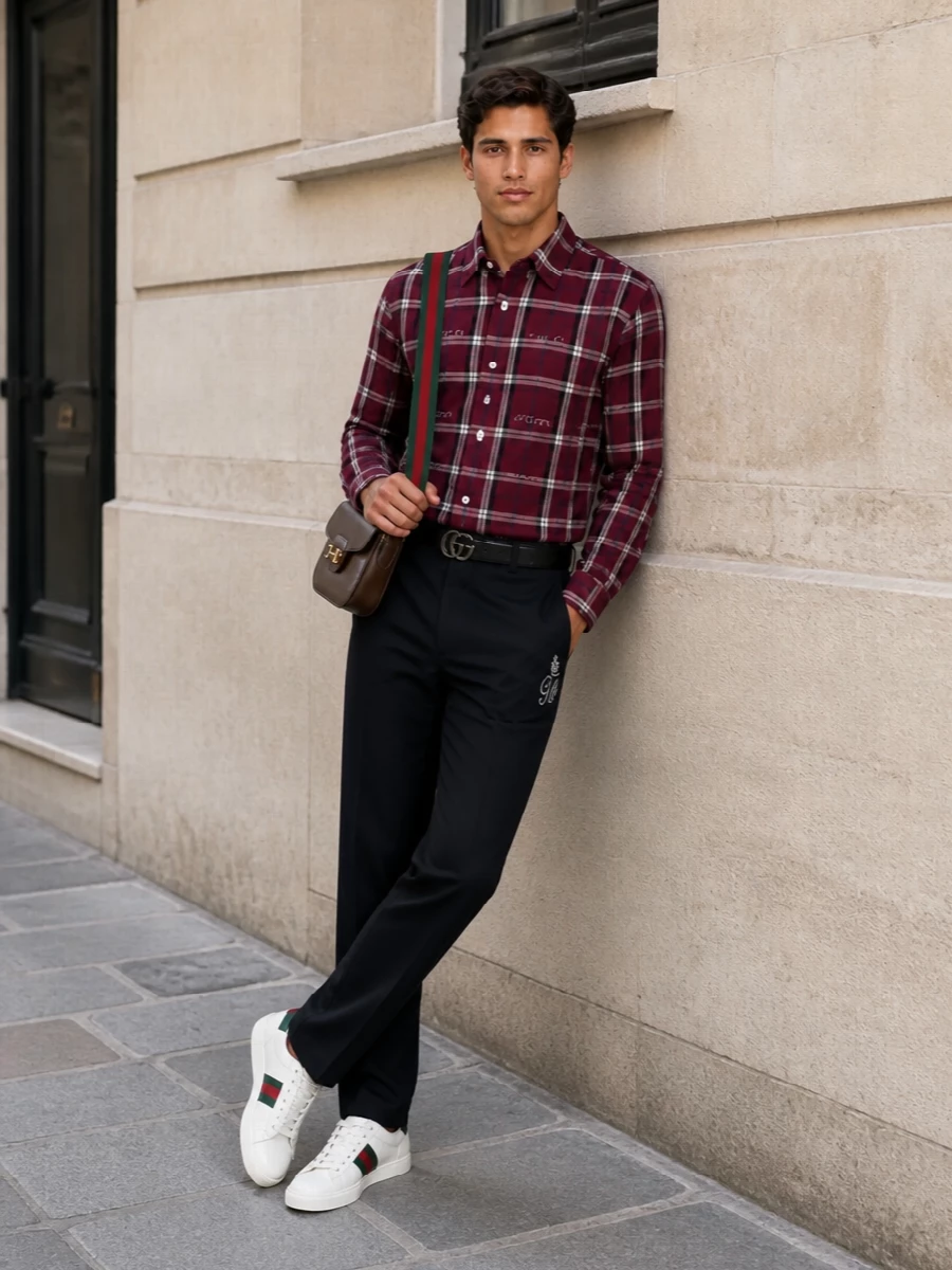 Gucci plaid shirt navy trousers outfit