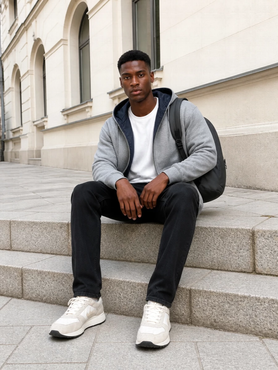 Canada Goose performance comfort meets Golden Goose denim and sneakers in a clean, city-ready uniform. The white tee and off white runners brighten the heather grey and black base, while the charcoal backpack keeps everything grounded and practical for daily movement. It is relaxed in fit but deliberate in palette, giving you an easy grab-and-go combination for urban commutes and weekends alike.