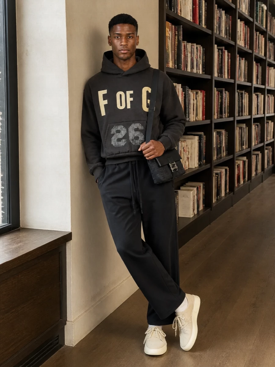 Fear of god hoodie black drawstring trousers outfit