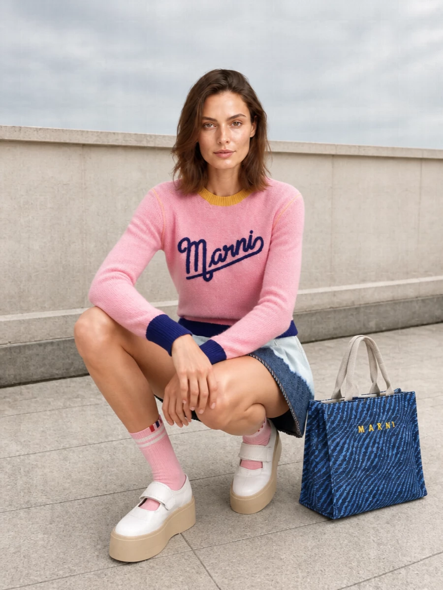 Bubblegum pink and navy stay crisp and upbeat, grounded by two‑tone denim and white platforms that keep the proportions fresh. Graphic blues in the tote quietly echo the skirt, while blush socks tie the palette together with a subtle preppy twist. It feels fun, easy and pulled together for bright city days or casual evenings out.