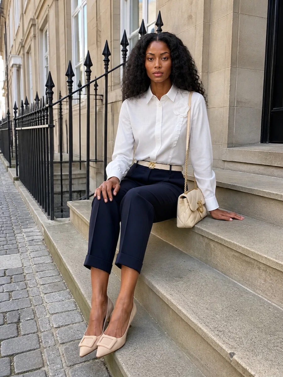 Rotate white shirt navy trousers nude pumps