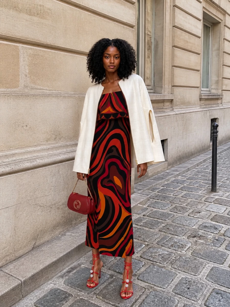 Pucci’s molten print does all the talking, so the accessories stay sharp, romantic and tonal. Scarlet lace-up sandals pick up the fiery swirls of the dress, while the burgundy shoulder bag deepens the palette for a rich, after-dark mood. The result is graphic, body-skimming glamour with a soft, feminine finish rather than hard-edged shine.