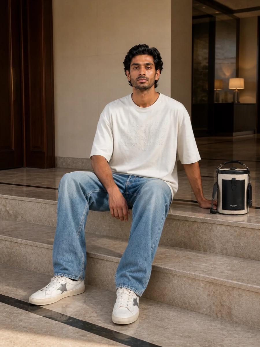 Off-white Golden Goose sneakers ground a Margiela oversized tee and relaxed Fear Of God denim in a soft, deliberately slouched silhouette. The palette stays in washed neutrals and mid blue so the distressing feels lived in rather than loud. A structured Dolce&Gabbana bucket bag adds a clean vertical line and subtle contrast for city days when you want ease with polish.