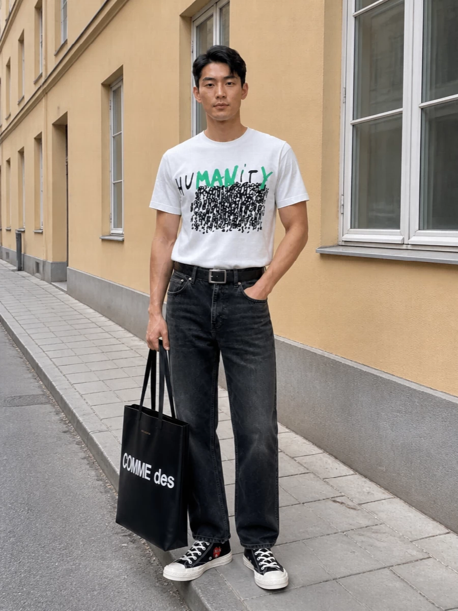 Graphic but clean, this pairing keeps the HUMANITY tee grounded with straight washed black denim, letting the artwork stay the focus. Black CDG hi-tops and a logo tote echo the monochrome palette with small hits of red, so the whole outfit reads sharp and intentional rather than busy. A pared-back Margiela belt is the only extra note, adding structure at the waist while everything else stays relaxed and street led.