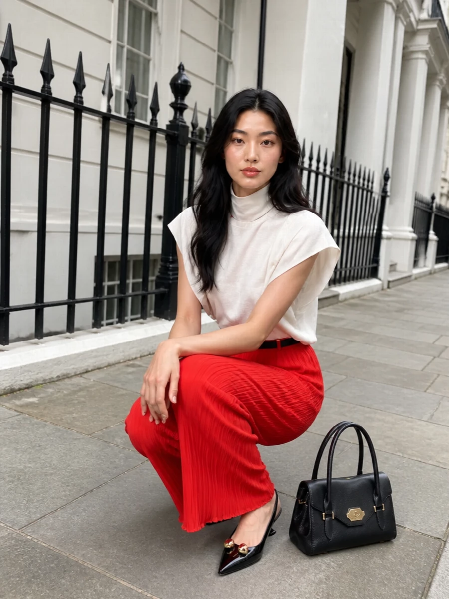 Lanvin red wide leg trousers ivory blouse outfit