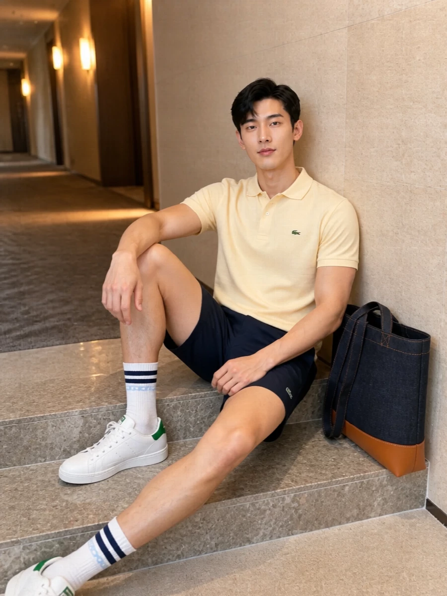 Butter-yellow Lacoste pique on top and clean navy chino shorts create a sharp, tennis-club palette that feels relaxed yet considered for warm days. White and green court sneakers and striped crew socks keep it firmly in classic sport prep, while the structured denim tote introduces a smarter, urban note without losing ease. The result is a simple, color-balanced outfit that works from brunch to casual evening plans with zero effort needed on the styling front.