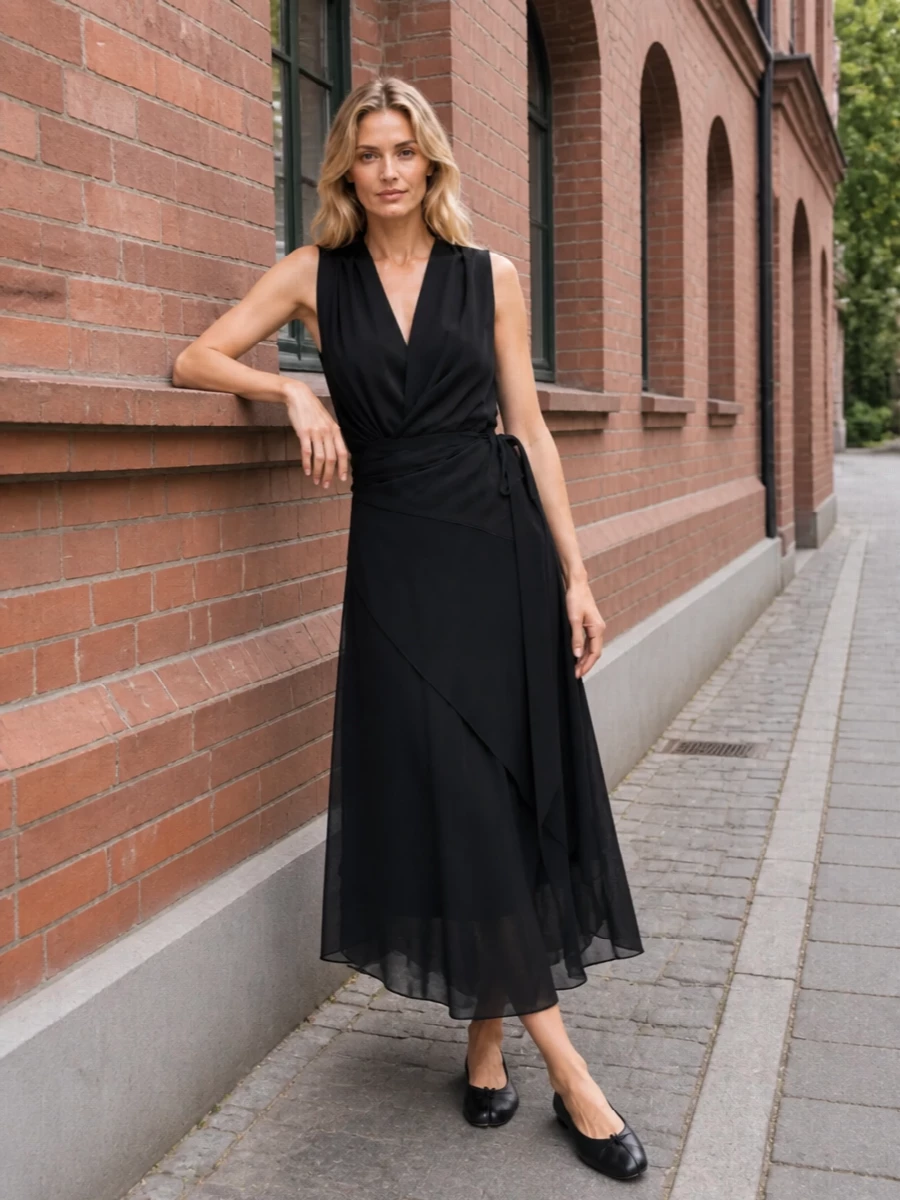 The Margiela wrap midi dress and black Tabi flats build a quiet monochrome column, all about line, movement and that insider split-toe detail. Sheer, fluid layers in the dress echo the lightness of the shoe, while the clean V-neck keeps it sharp rather than romantic. A structured black tote grounds the softness with just enough rigor for gallery evenings or low-key dinners.