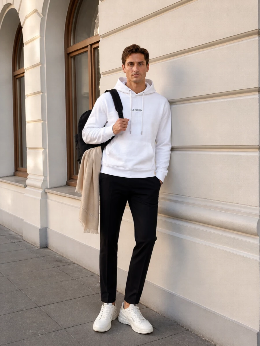 Lanvin white hoodie black trousers prada bag