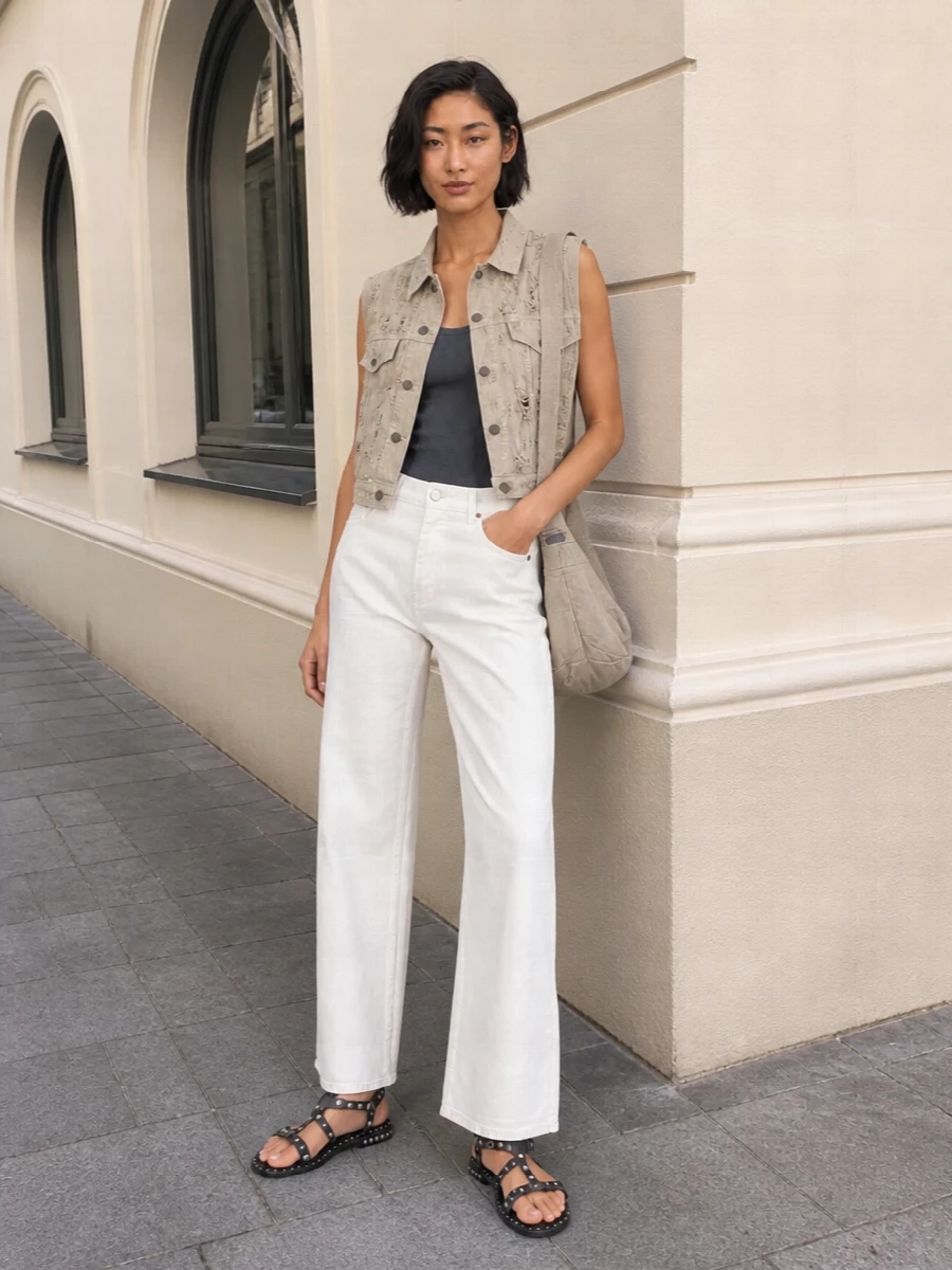 Haikure distressed denim vest wide leg jeans outfit