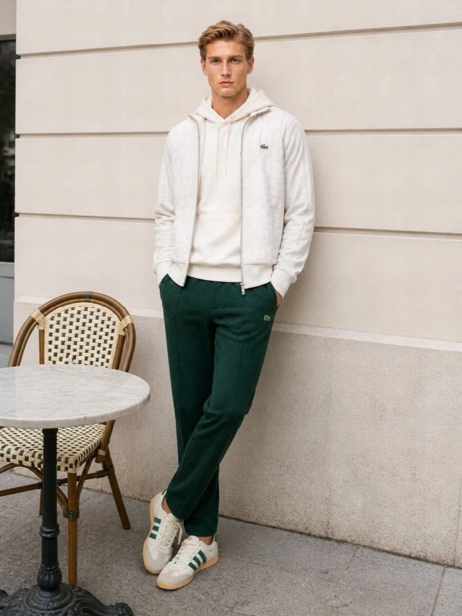 Lacoste track jacket adidas retro sneaker outfit