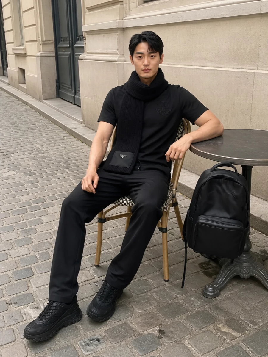 Moncler black technical streetwear outfit men