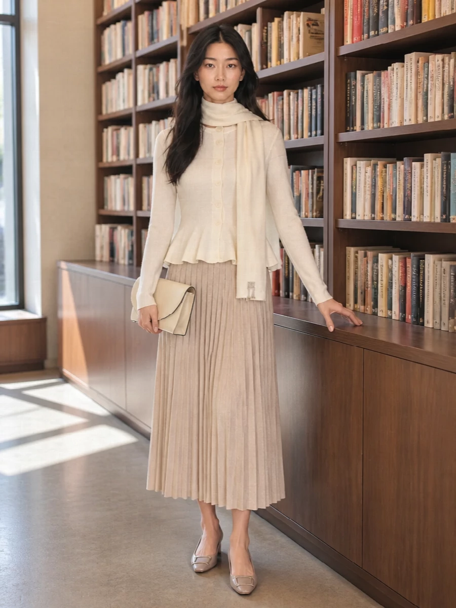 Rotate ivory peplum sweater pleated midi skirt
