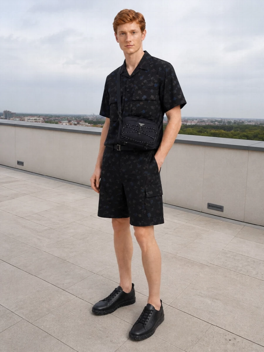 Sacai floral shirt navy cargo shorts outfit