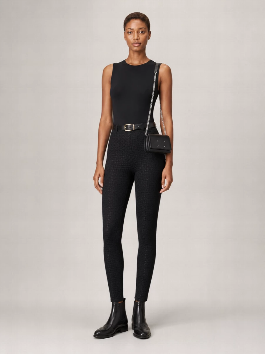 A precise black-on-black base lets the texture of the leggings and the clean Margiela bodysuit do the talking, reading polished without feeling dressed up. Brogue ankle boots keep the profile sharp but wearable all day, while the compact chain bag and slim belt add just enough metal to register as considered. The result is a quietly expensive city uniform that works from desk to dinner with a simple jacket swap or jewelry shift.