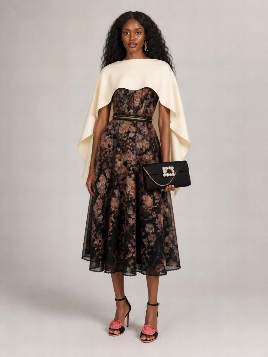 Zimmermann Silk Linen Floral Print Sweetheart Neckline Midi Dress