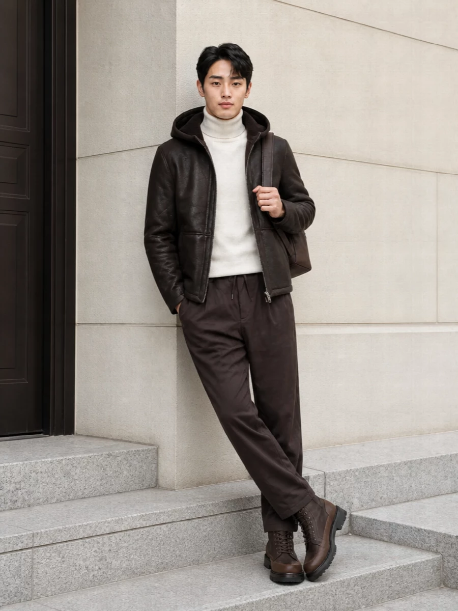 Dondup shearling jacket turtleneck brown boots