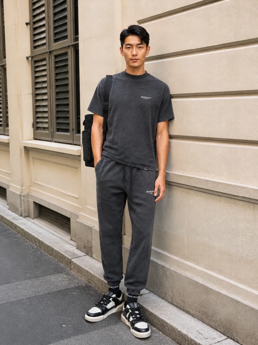 Represent black t shirt charcoal joggers outfit